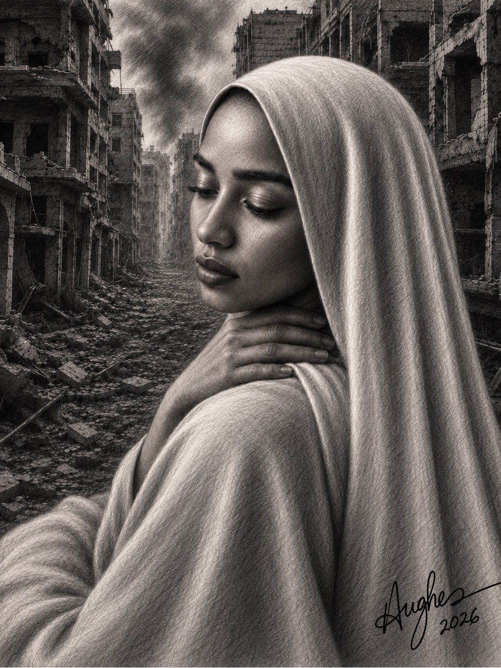 Signed Black & White Portrait of Woman Amongst Ruins | Wall Art | Modern Decor